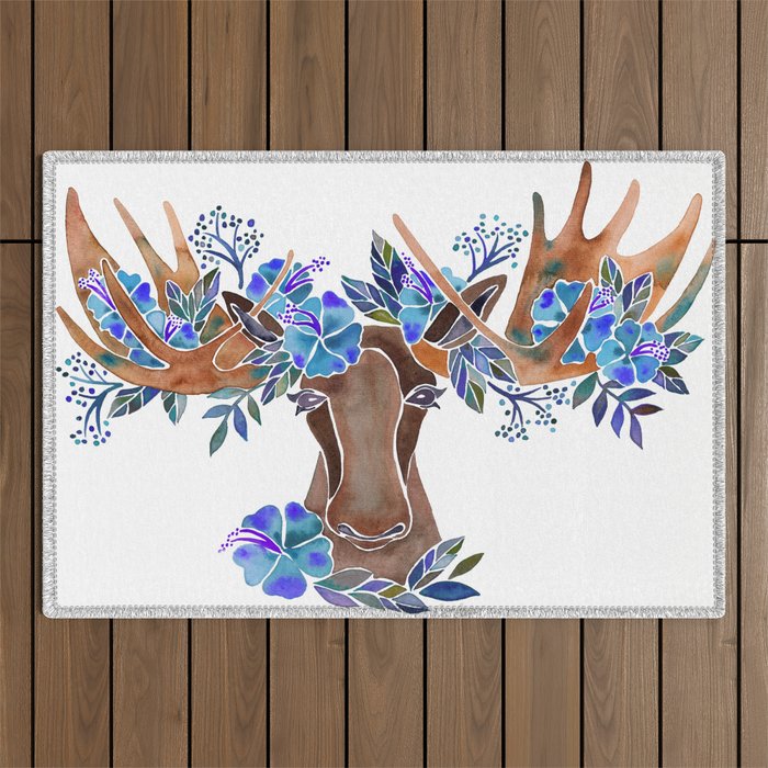 Floral Moose - Blue Flowers Outdoor Rug Gallery Image 1