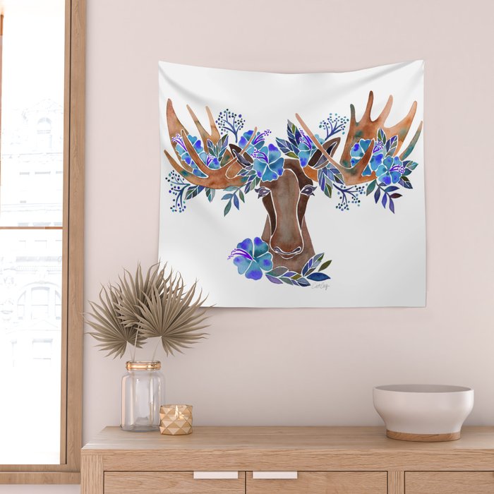 Floral Moose - Blue Flowers Wall Tapestry Gallery Image 2