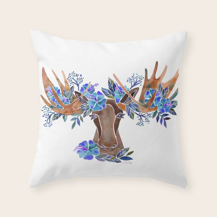Floral Moose - Blue Flowers Throw Pillow Gallery Image 1