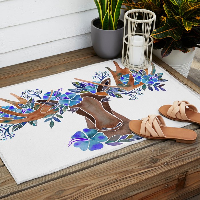 Floral Moose - Blue Flowers Outdoor Rug Gallery Image 2