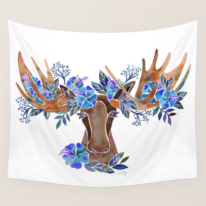Floral Moose - Blue Flowers Wall Tapestry Gallery Image 4