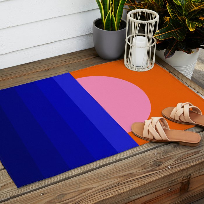 Abstract geo Sunset in blue and orange 3/3 Outdoor Rug Gallery Image 2