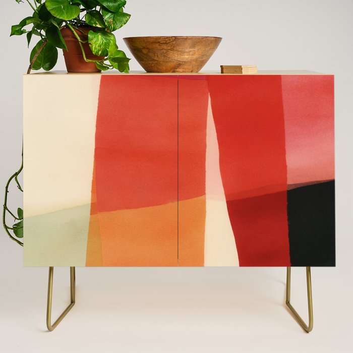 Warm Abstract Color Blocks in Red Orange and Cream Credenza Gallery Image 1