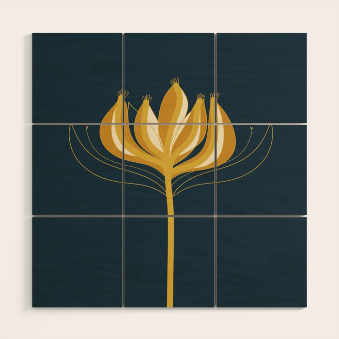  Fleur Exotique - Floral Minimalism in Mustard and Navy  Wood Wall Art Gallery Image 1