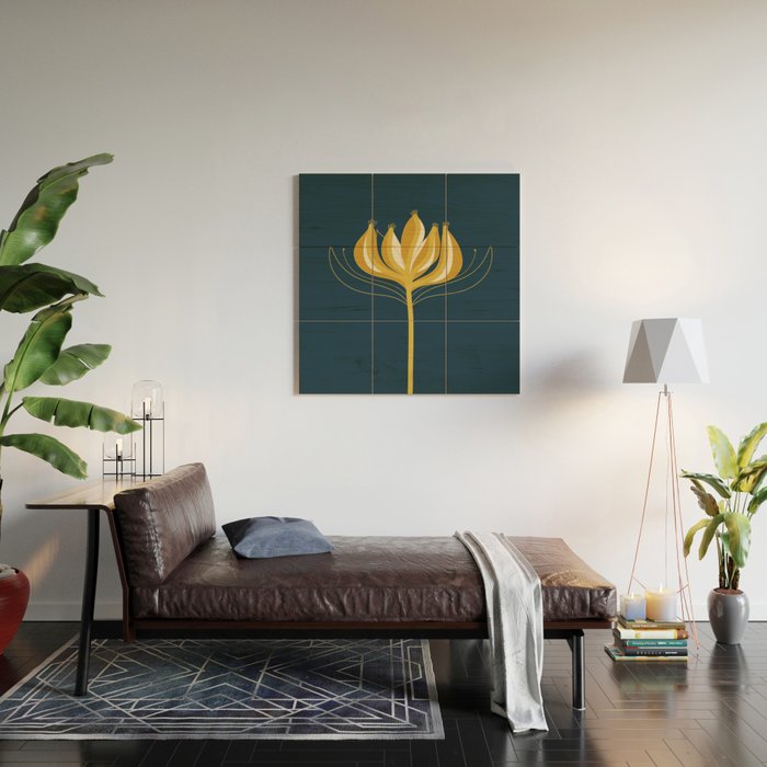  Fleur Exotique - Floral Minimalism in Mustard and Navy  Wood Wall Art Gallery Image 2