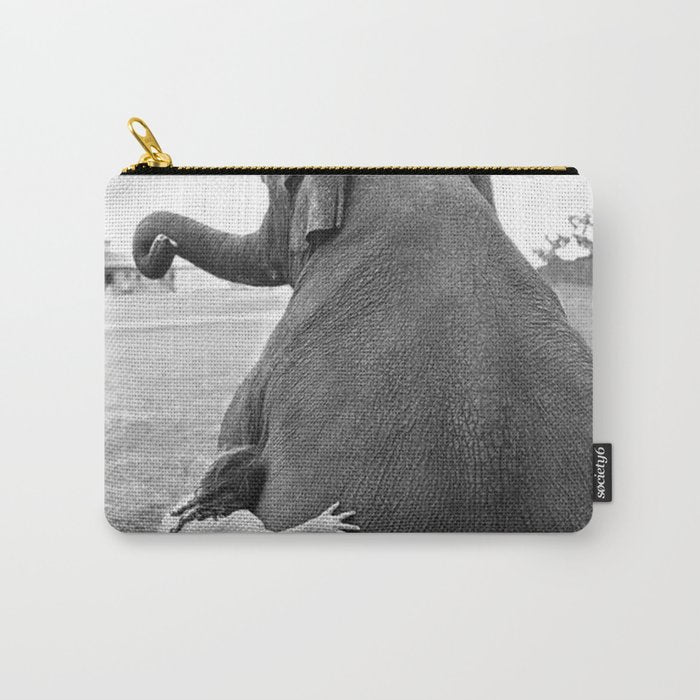 Odd Best Friends, Sweet Little Girl hugging elephant black and white photograph Carry All Pouch Gallery Image 1