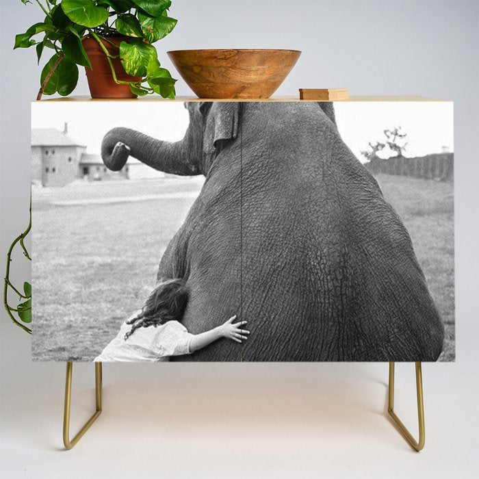 Odd Best Friends, Sweet Little Girl hugging elephant black and white photograph Credenza Gallery Image 1
