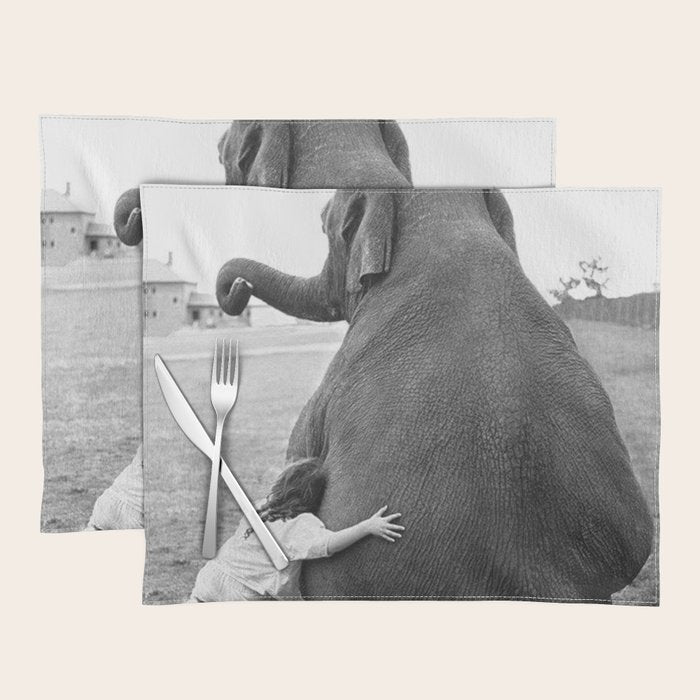 Odd Best Friends, Sweet Little Girl hugging elephant black and white photograph Placemat Gallery Image 1