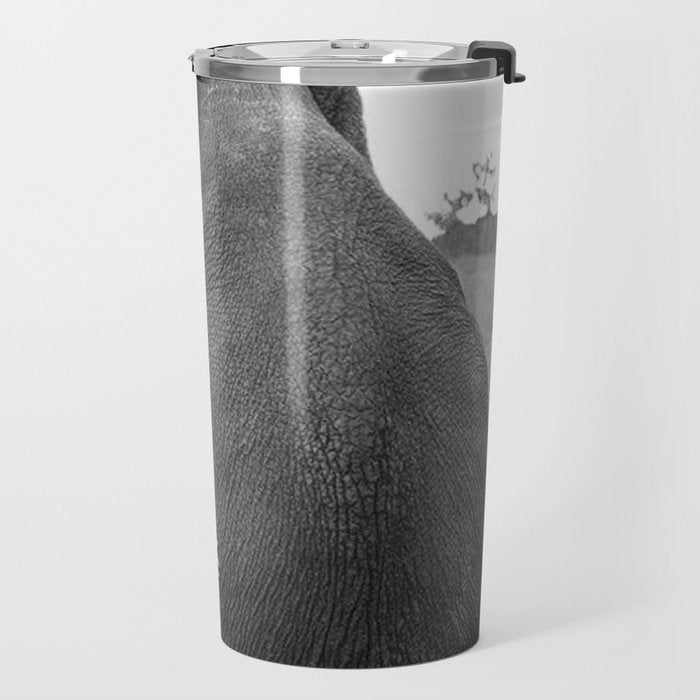 Odd Best Friends, Sweet Little Girl hugging elephant black and white photograph Travel Mug Gallery Image 2