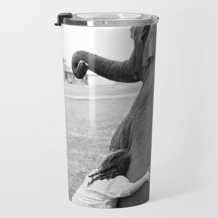 Odd Best Friends, Sweet Little Girl hugging elephant black and white photograph Travel Mug Gallery Image 3