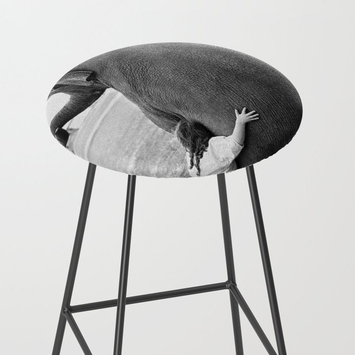 Odd Best Friends, Sweet Little Girl hugging elephant black and white photograph Stool Gallery Image 2