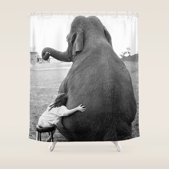 Odd Best Friends, Sweet Little Girl hugging elephant black and white photograph Shower Curtain Gallery Image 1