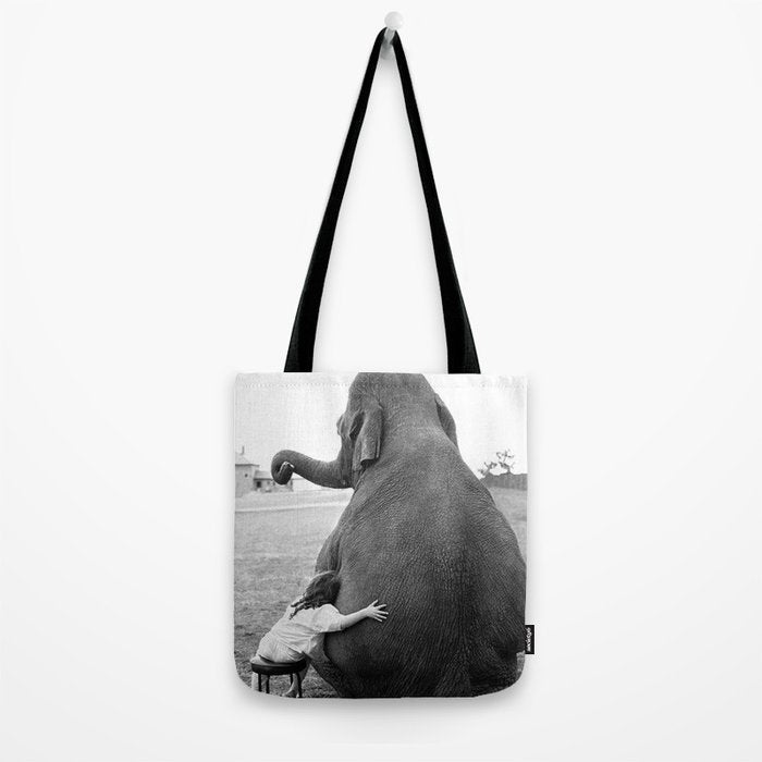 Odd Best Friends, Sweet Little Girl hugging elephant black and white photograph Tote Bag Gallery Image 2