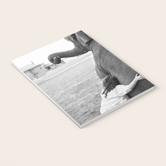 Odd Best Friends, Sweet Little Girl hugging elephant black and white photograph Notebook Gallery Image 3