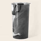 Odd Best Friends, Sweet Little Girl hugging elephant black and white photograph Travel Mug Gallery Image 1