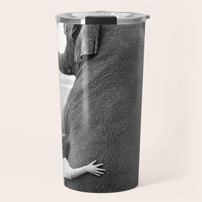 Odd Best Friends, Sweet Little Girl hugging elephant black and white photograph Travel Mug Gallery Image 1
