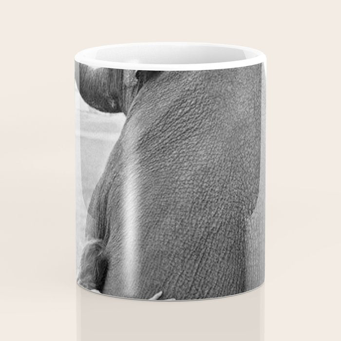 Odd Best Friends, Sweet Little Girl hugging elephant black and white photograph Coffee Mug Gallery Image 4