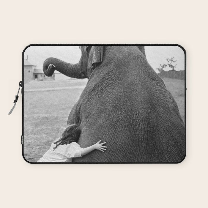 Odd Best Friends, Sweet Little Girl hugging elephant black and white photograph Laptop Sleeve Gallery Image 1