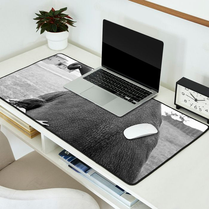 Odd Best Friends, Sweet Little Girl hugging elephant black and white photograph Desk Mat Gallery Image 2