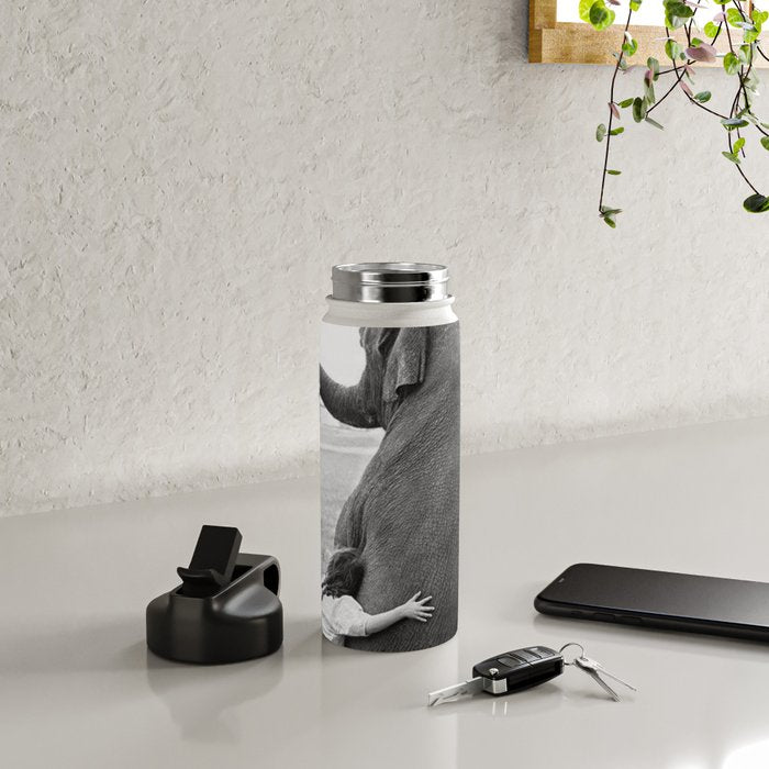 Odd Best Friends, Sweet Little Girl hugging elephant black and white photograph Water Bottle Gallery Image 4