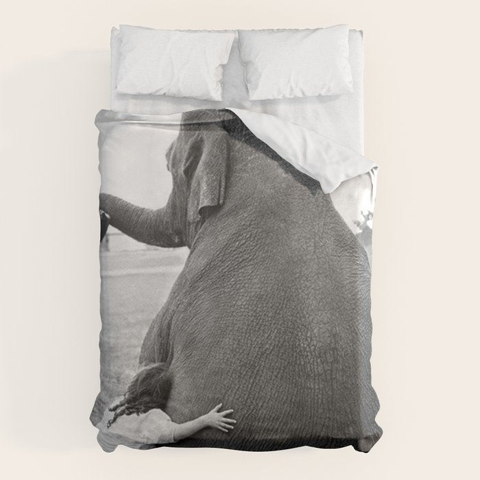 Odd Best Friends, Sweet Little Girl hugging elephant black and white photograph Duvet Cover Gallery Image 6