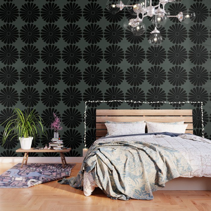 Retro Daisy Abstract IX Earthy Green Bold Floral Wallpaper Gallery Image 3