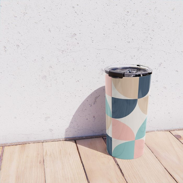Mid Century Modern Geometric Pattern 455 Peach Blue and Beige Travel Mug Gallery Image 4