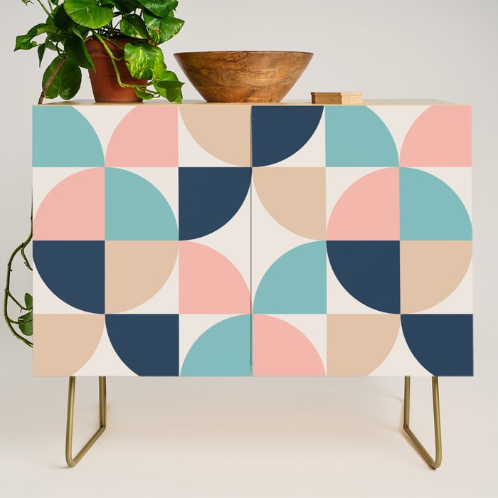 Mid Century Modern Geometric Pattern 455 Peach Blue and Beige Credenza Gallery Image 1
