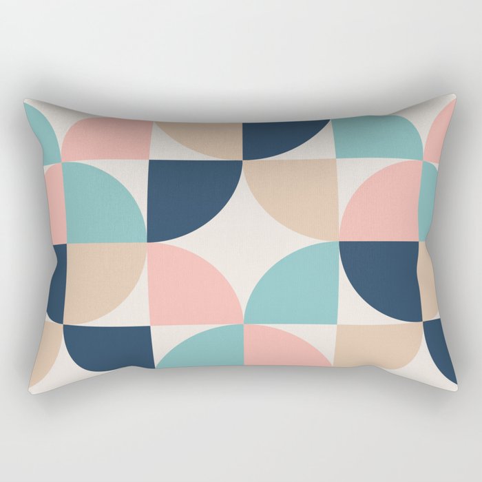 Mid Century Modern Geometric Pattern 455 Peach Blue and Beige Rectangular Pillow Gallery Image 2