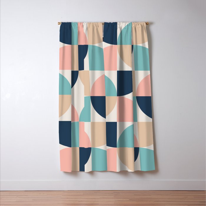 Mid Century Modern Geometric Pattern 455 Peach Blue and Beige Window Curtain Gallery Image 3