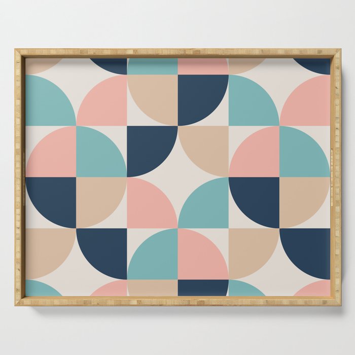 Mid Century Modern Geometric Pattern 455 Peach Blue and Beige Serving Tray Gallery Image 1