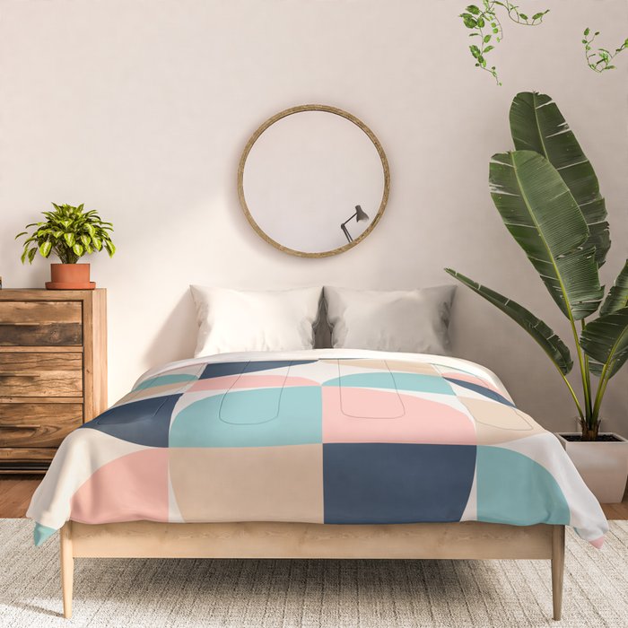 Mid Century Modern Geometric Pattern 455 Peach Blue and Beige Comforter Gallery Image 3