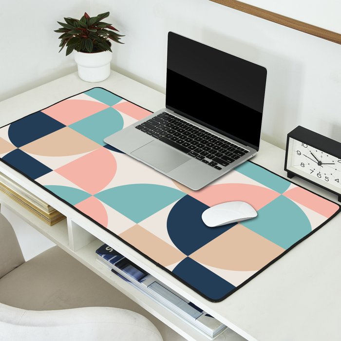 Mid Century Modern Geometric Pattern 455 Peach Blue and Beige Desk Mat Gallery Image 2