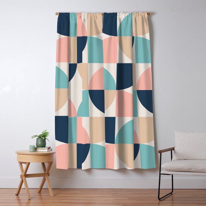 Mid Century Modern Geometric Pattern 455 Peach Blue and Beige Window Curtain Gallery Image 5