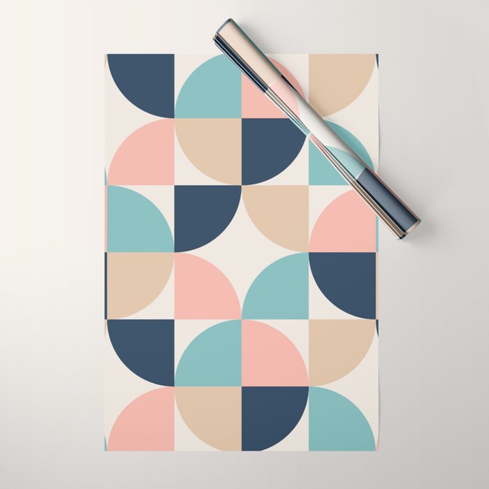 Mid Century Modern Geometric Pattern 455 Peach Blue and Beige Wrapping Paper Gallery Image 1