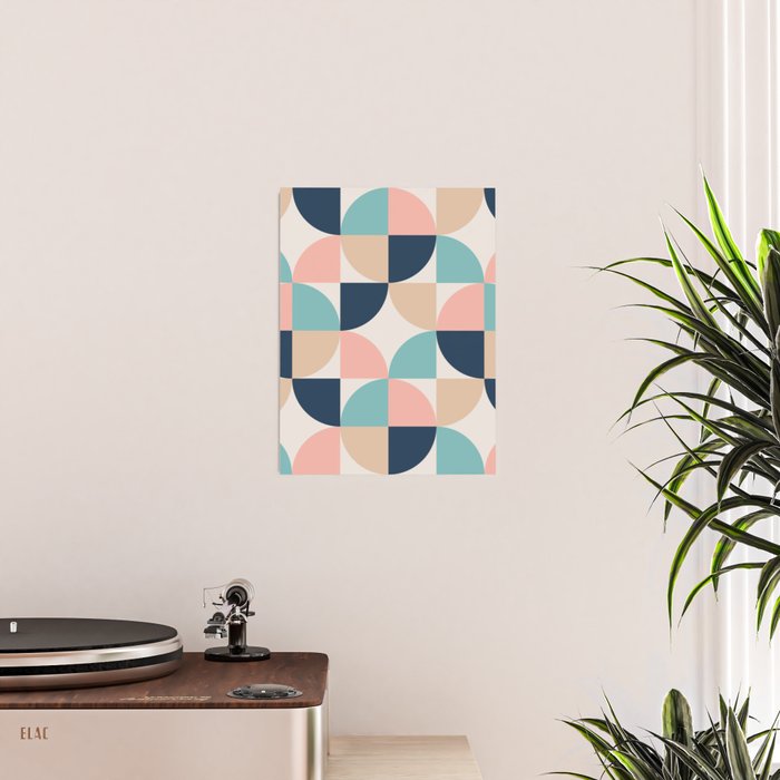 Mid Century Modern Geometric Pattern 455 Peach Blue and Beige Poster Gallery Image 2