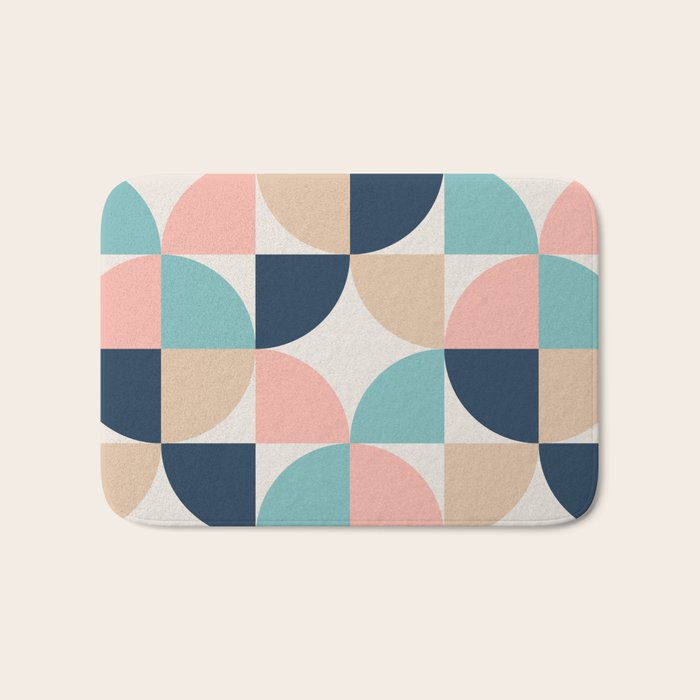 Mid Century Modern Geometric Pattern 455 Peach Blue and Beige Bath Mat Gallery Image 1