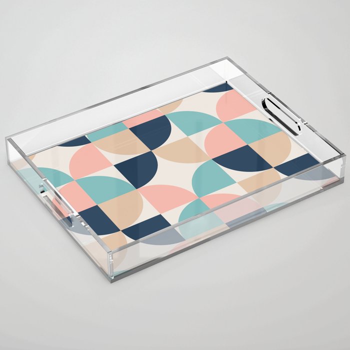Mid Century Modern Geometric Pattern 455 Peach Blue and Beige Acrylic Tray Gallery Image 1