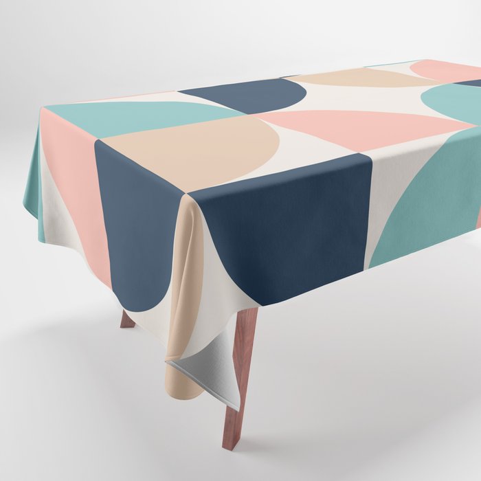 Mid Century Modern Geometric Pattern 455 Peach Blue and Beige Tablecloth Gallery Image 1