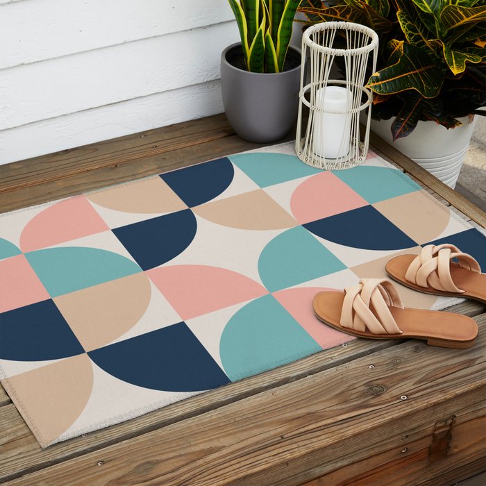 Mid Century Modern Geometric Pattern 455 Peach Blue and Beige Outdoor Rug Gallery Image 2