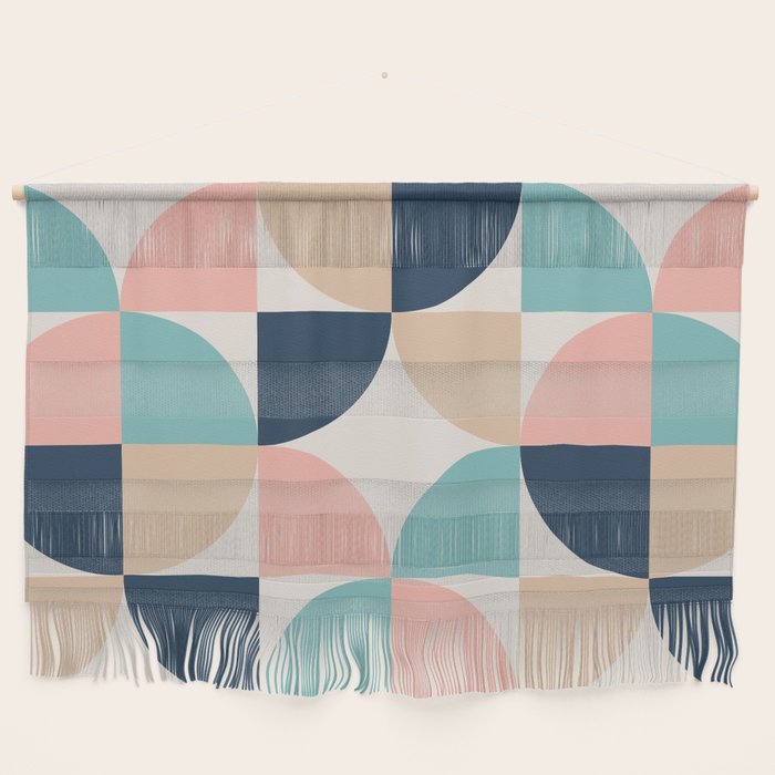 Mid Century Modern Geometric Pattern 455 Peach Blue and Beige Wall Hanging Gallery Image 1