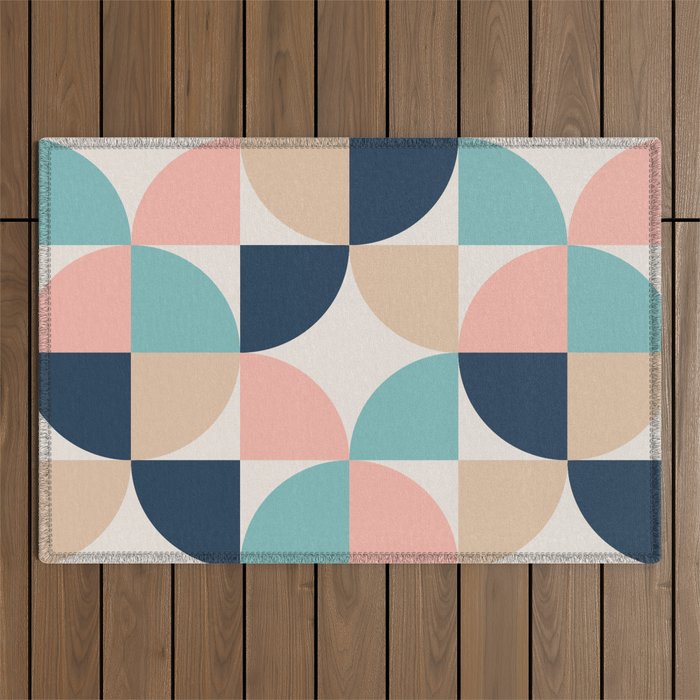 Mid Century Modern Geometric Pattern 455 Peach Blue and Beige Outdoor Rug Gallery Image 1