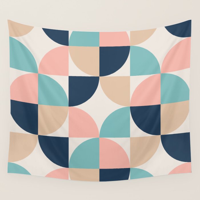 Mid Century Modern Geometric Pattern 455 Peach Blue and Beige Wall Tapestry Gallery Image 4