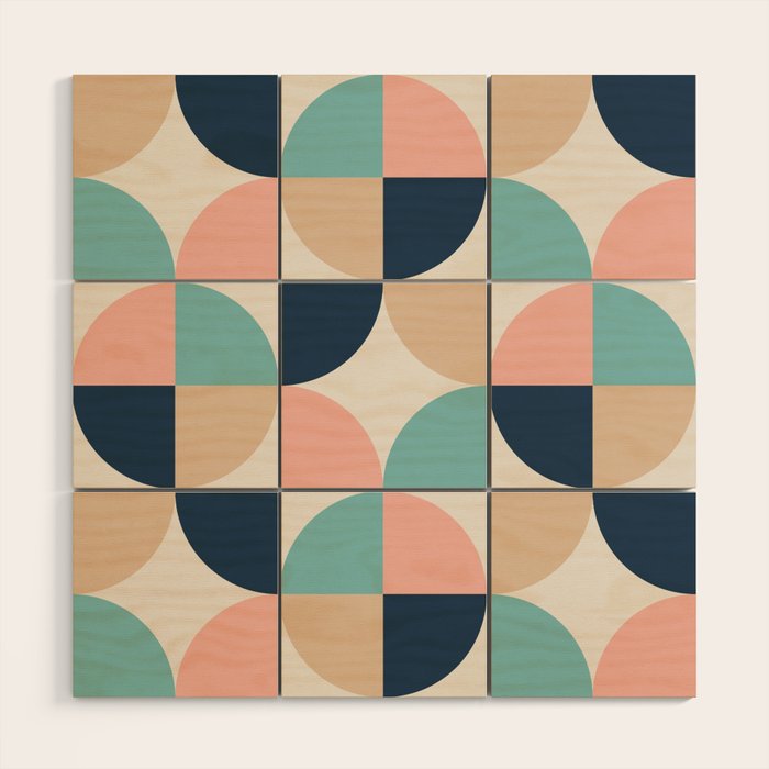 Mid Century Modern Geometric Pattern 455 Peach Blue and Beige Wood Wall Art Gallery Image 1