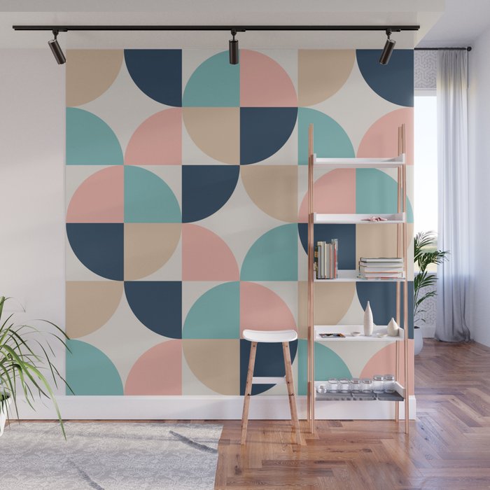 Mid Century Modern Geometric Pattern 455 Peach Blue and Beige Wall Mural Gallery Image 1