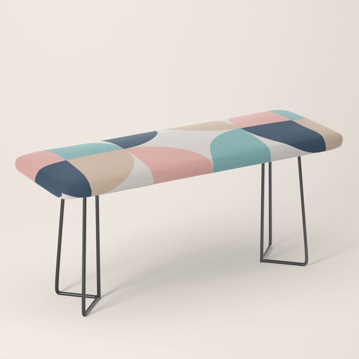 Mid Century Modern Geometric Pattern 455 Peach Blue and Beige Bench Gallery Image 1