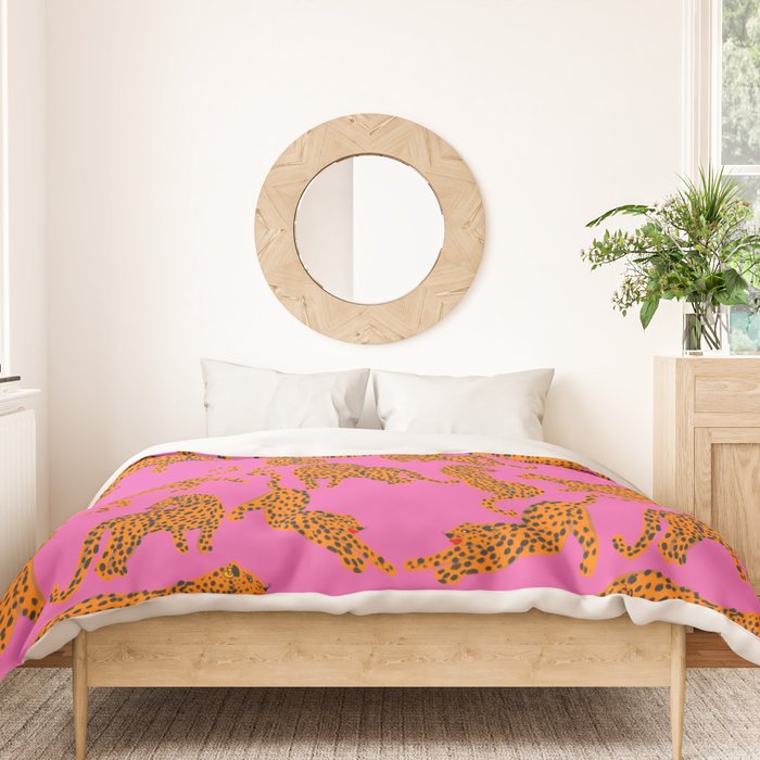 Abstract leopard with red lips illustration in fuchsia background  Duvet Cover Gallery Image 3