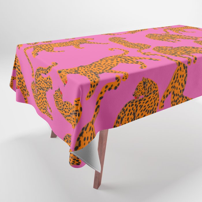 Abstract leopard with red lips illustration in fuchsia background  Tablecloth Gallery Image 1