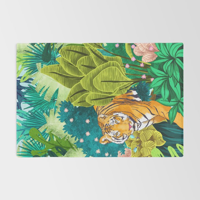 Jungle Tiger | Modern Bohemian Colorful Forest | Tropical Botanical Nature Watercolor Painting Rug Gallery Image 2