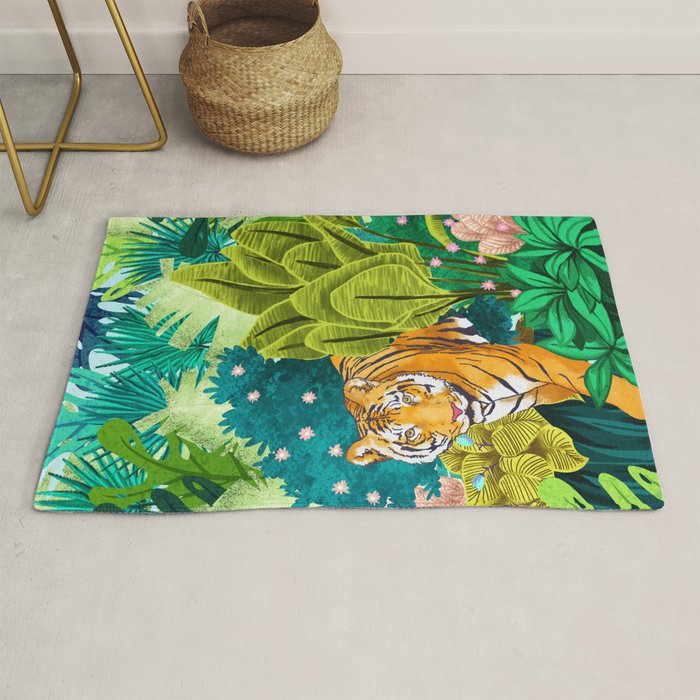 Jungle Tiger | Modern Bohemian Colorful Forest | Tropical Botanical Nature Watercolor Painting Rug Gallery Image 1